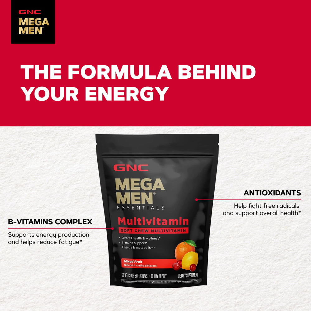 GNC Mega Men varias gomitas dispersas mostrando densidad y atractivo frutal