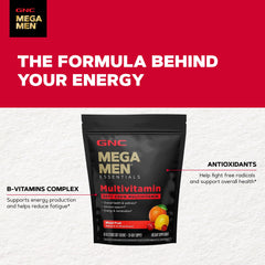 GNC Mega Men varias gomitas dispersas mostrando densidad y atractivo frutal