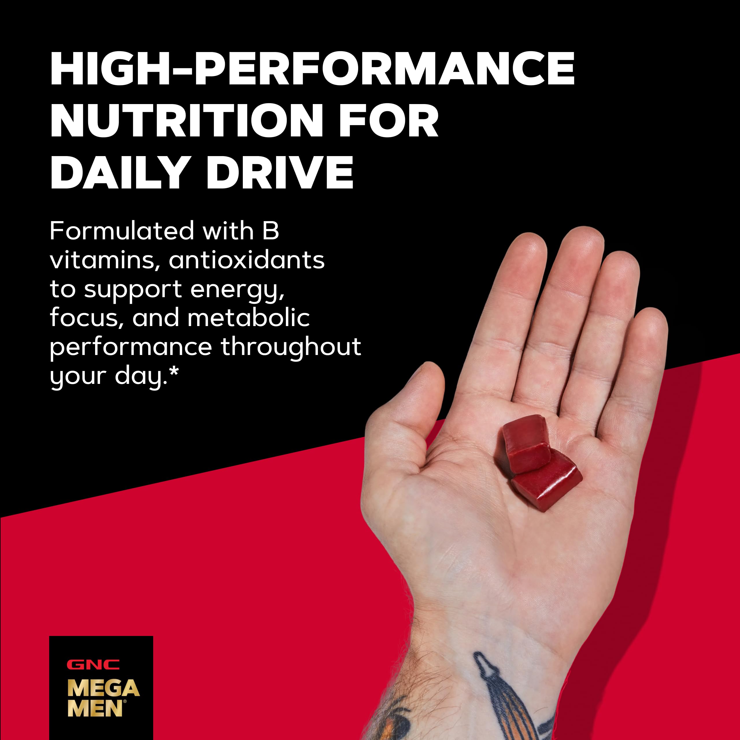 GNC Mega Men etiqueta de ingredientes visible para verificar vitaminas y beneficios