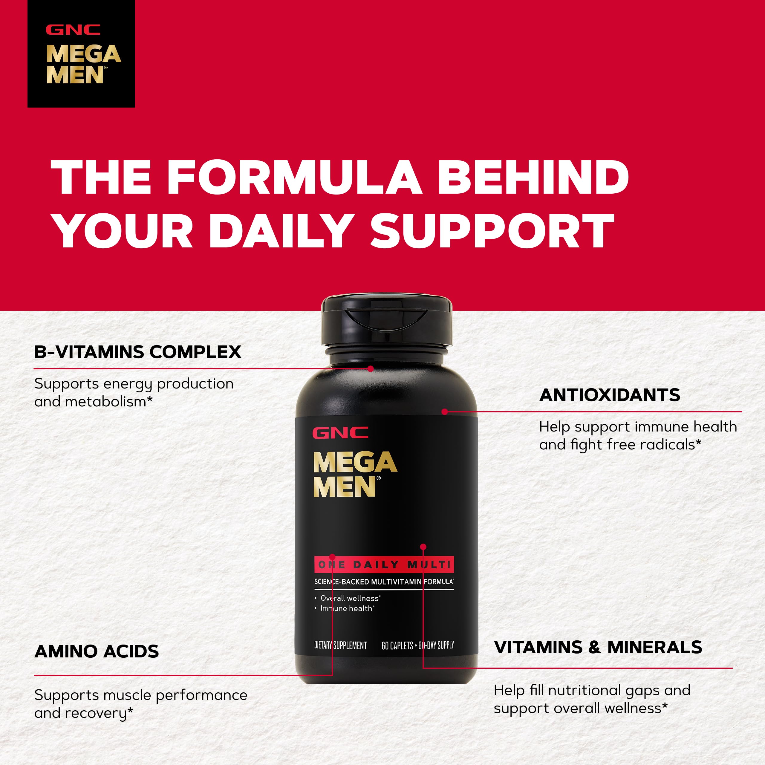 GNC Mega Men One Daily etiqueta nutricional enfocada que muestra ingredientes clave y transparencia