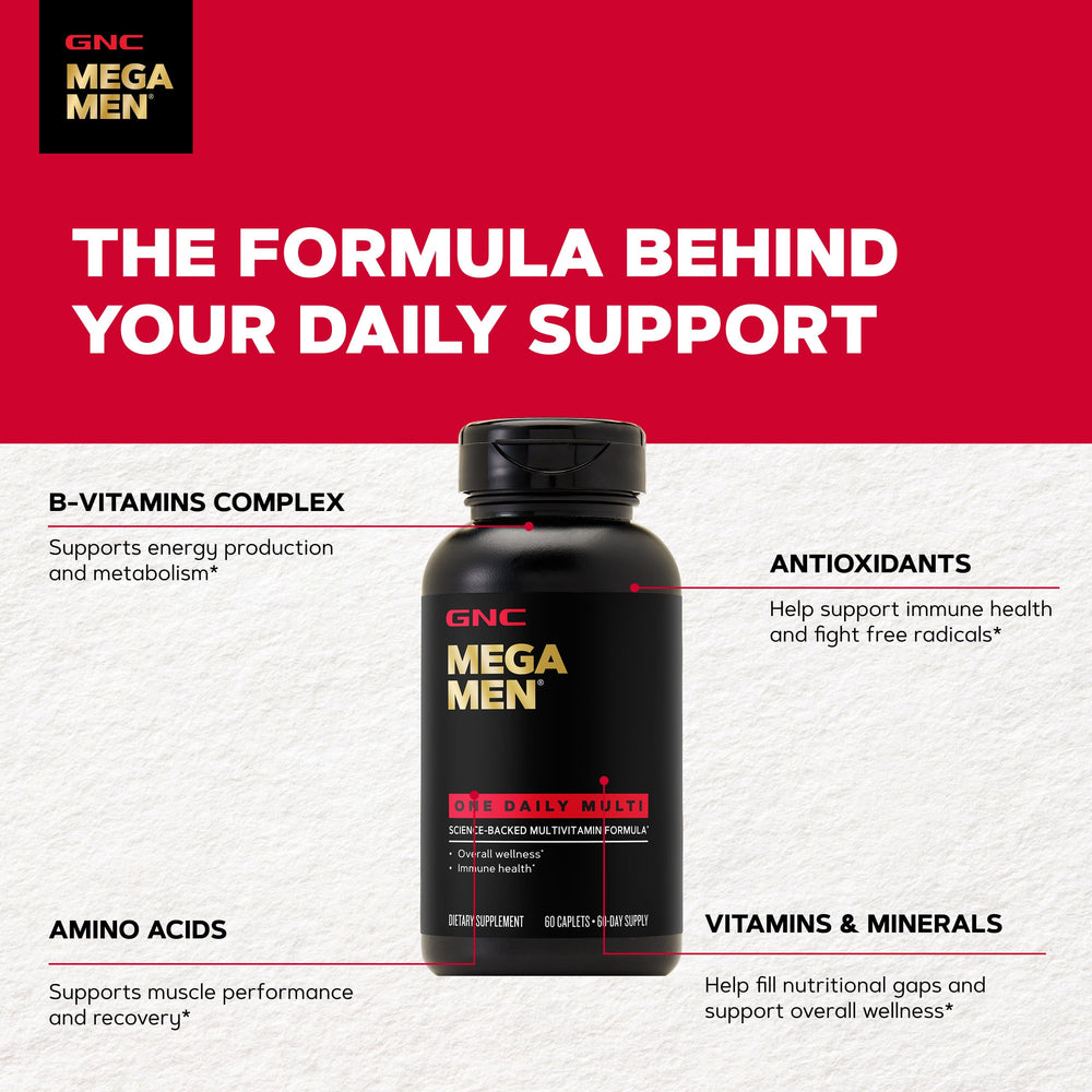 GNC Mega Men One Daily etiqueta nutricional enfocada que muestra ingredientes clave y transparencia