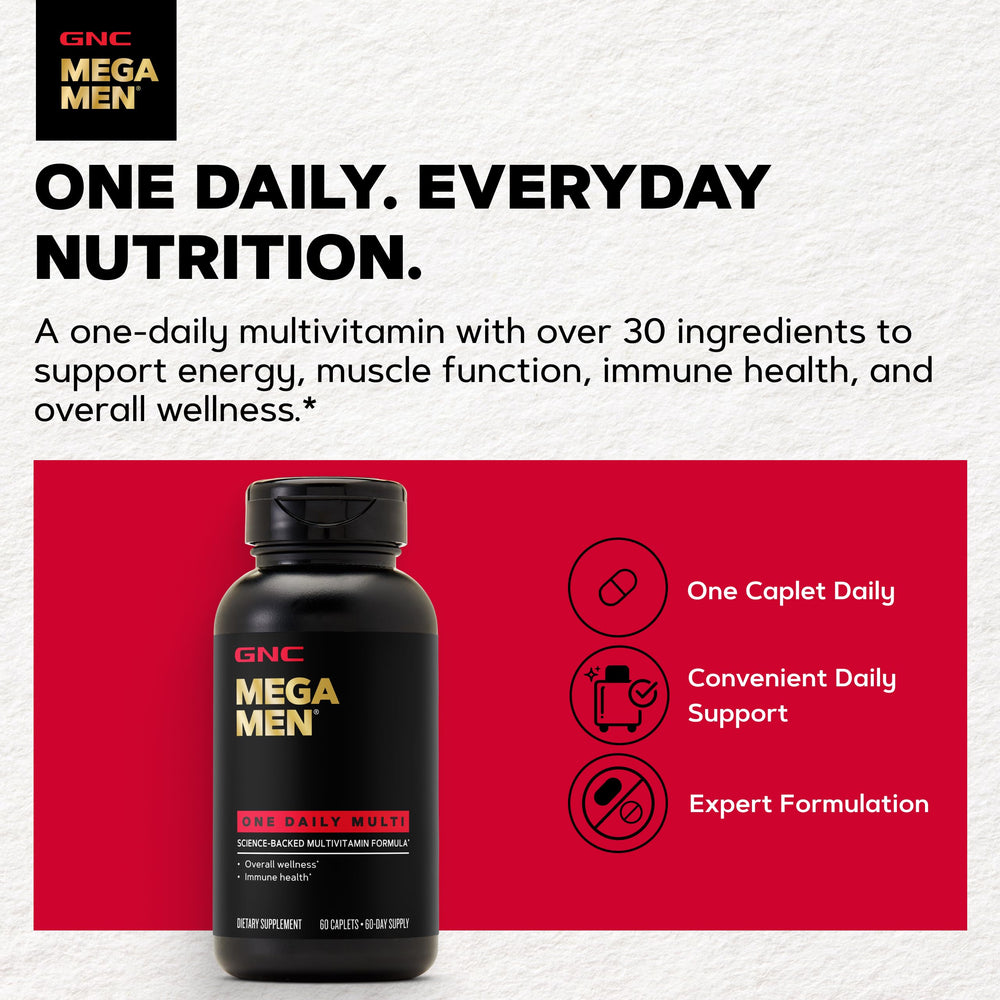 GNC Mega Men One Daily frasco abierto con capletas visibles para visualizar la cantidad por compra
