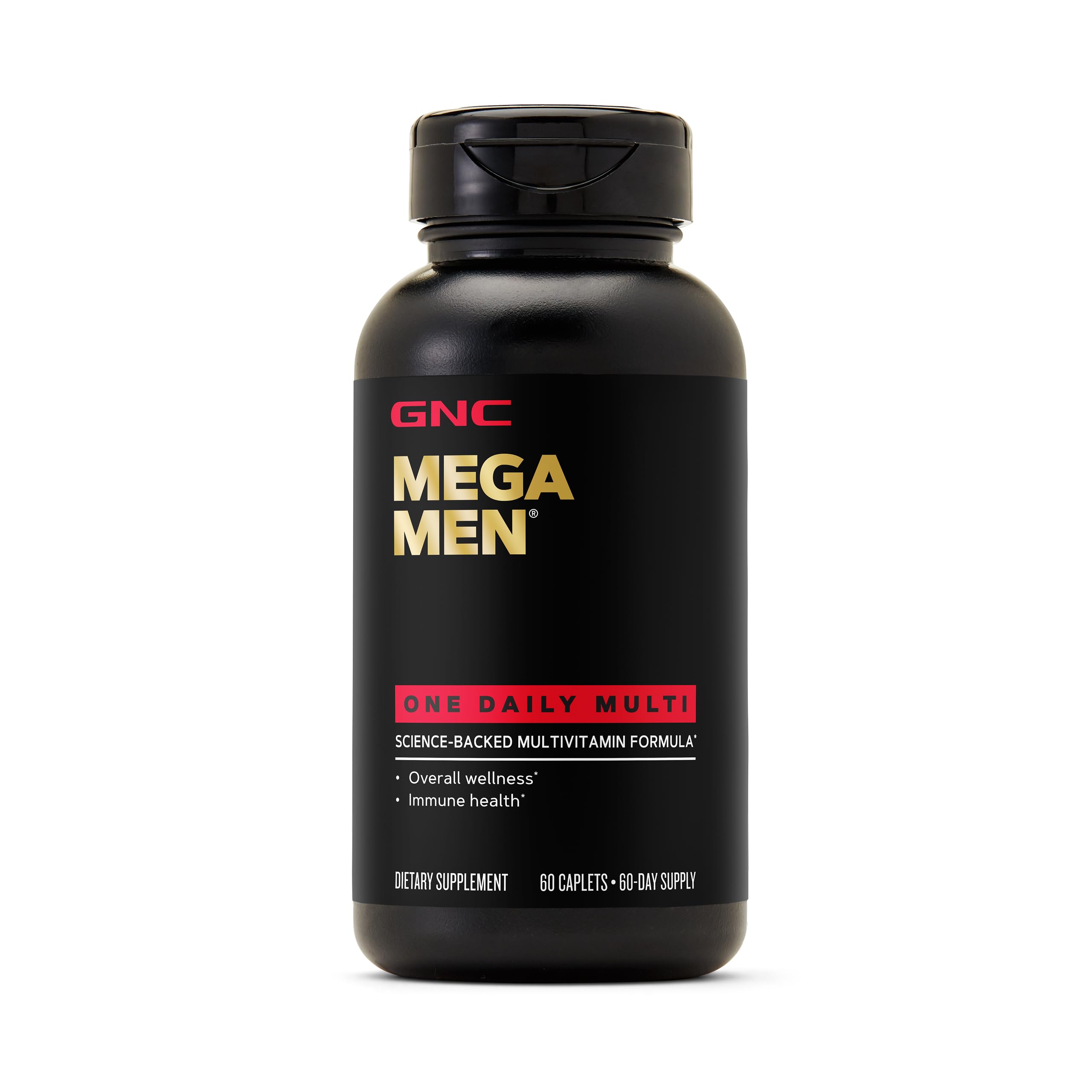 GNC Mega Men One Daily Multi frontal del frasco mostrando el empaque y beneficio de conveniencia
