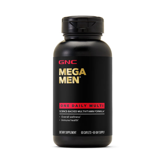 GNC Mega Men One Daily Multi frontal del frasco mostrando el empaque y beneficio de conveniencia