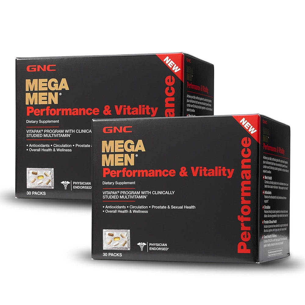 GNC Mega Men paquete frontal mostrando sobres diarios y conveniencia