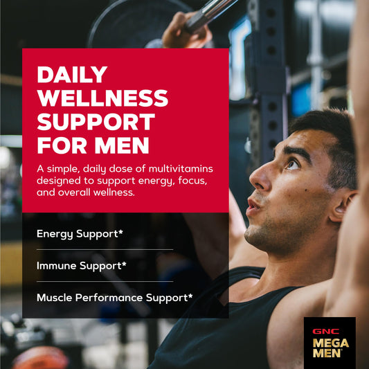 GNC Mega Men Sport cápsulas en primer plano, textura y color visibles