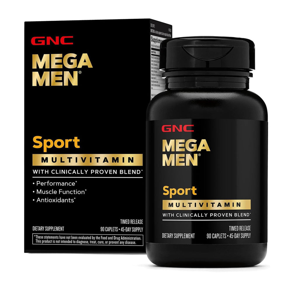 GNC Mega Men Sport frontal del envase mostrando tamaño y diseño