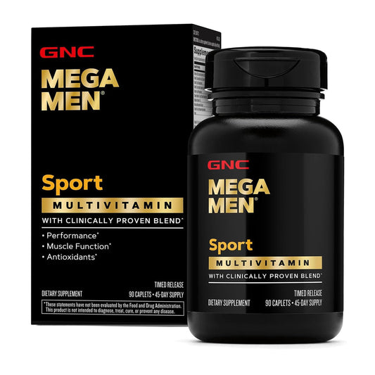 GNC Mega Men Sport frontal del envase mostrando tamaño y diseño