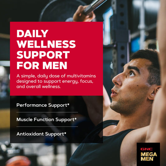 GNC Mega Men Sport tabletas en primer plano mostrando textura y calidad
