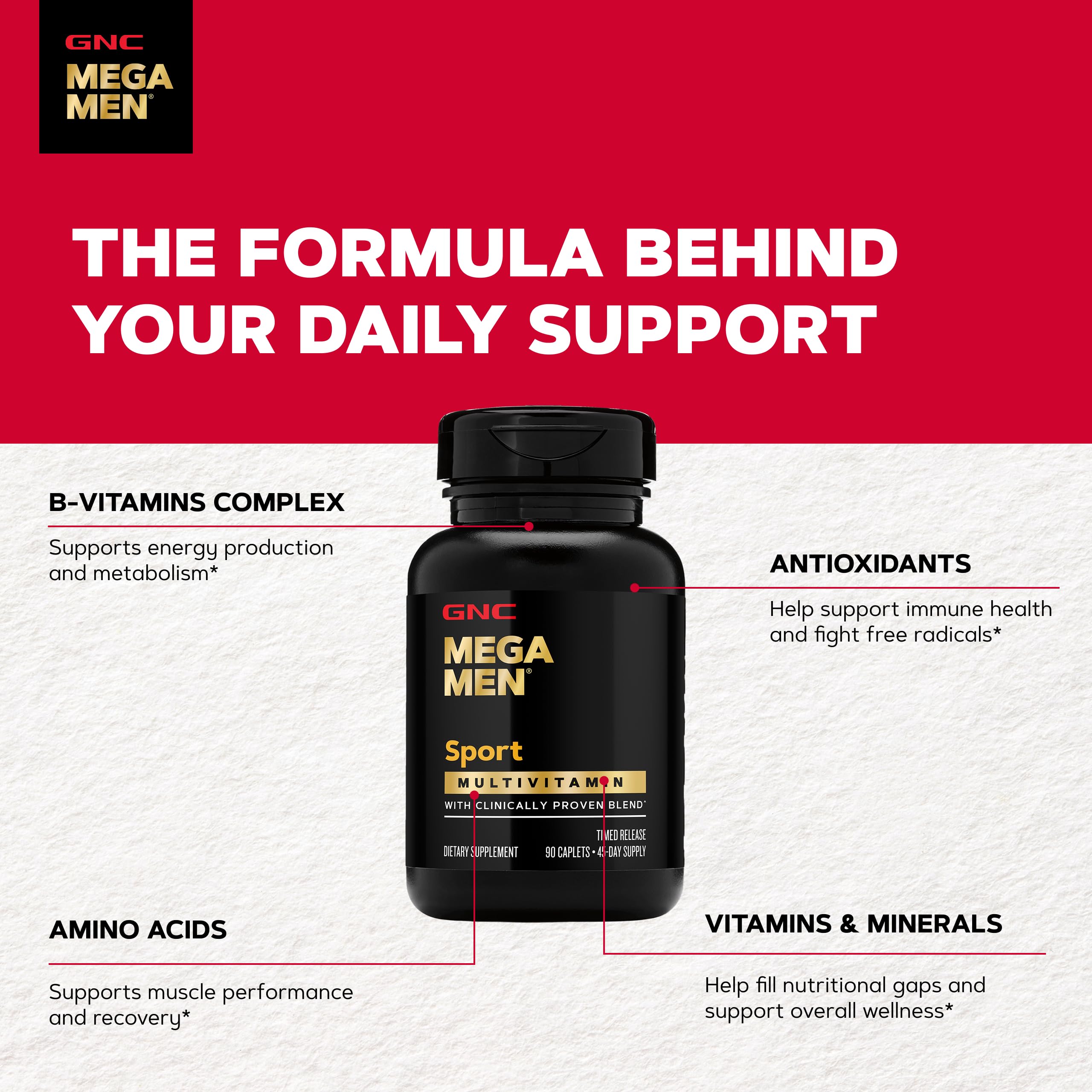 GNC Mega Men Sport frasco abierto mostrando 90 cápsulas disponibles