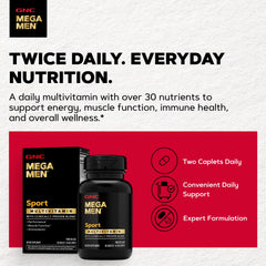 GNC Mega Men Sport usado por hombre en gimnasio apoyando rendimiento