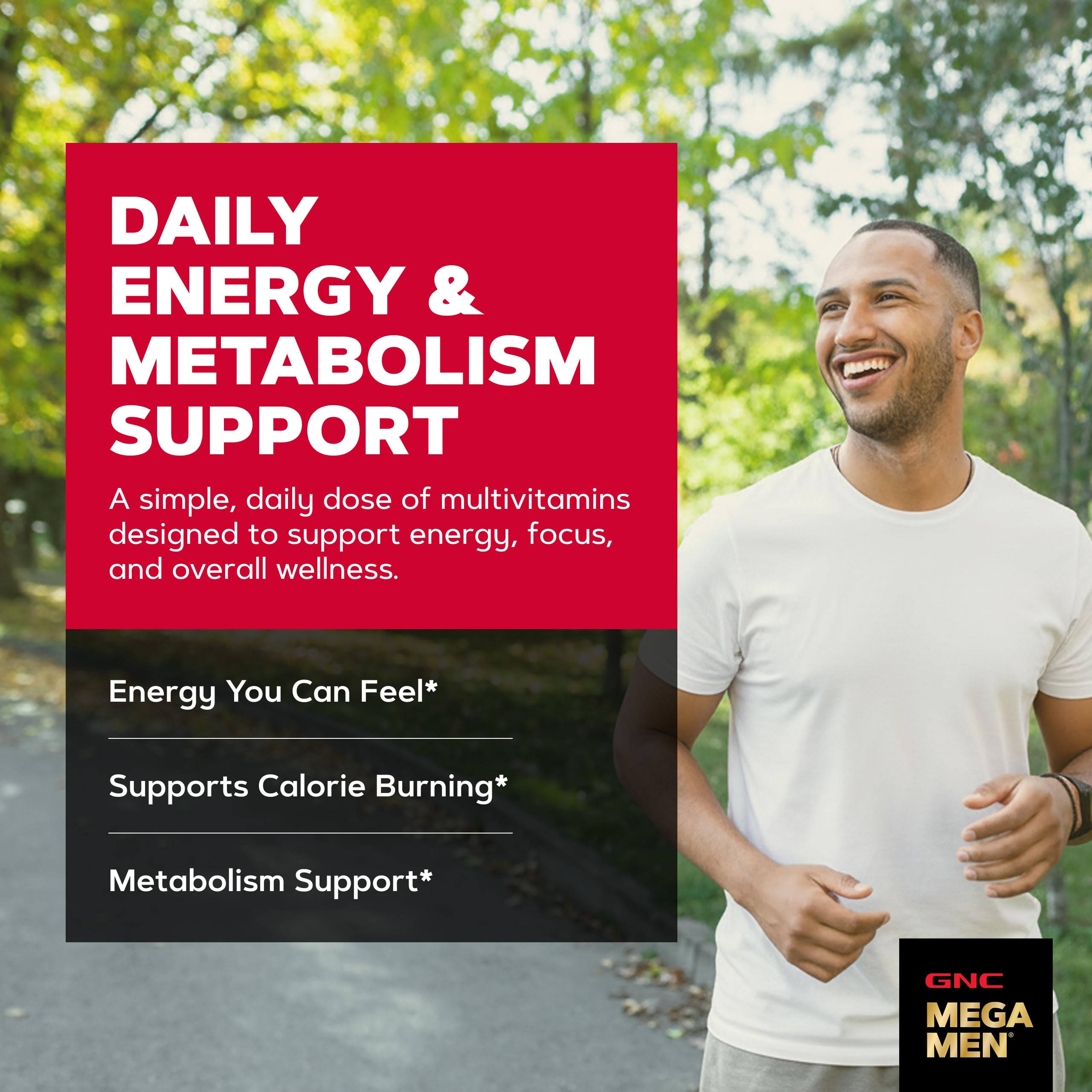 GNC Mega Men tapa y etiqueta en primer plano destacando información de la fórmula