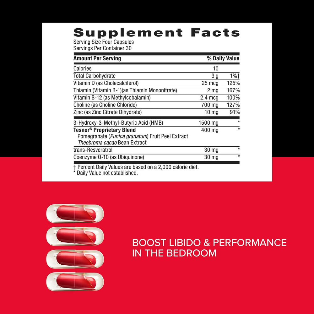 GNC Mega Men Ultra Testosterone etiqueta de ingredientes legible, muestra Tesnor y HMB