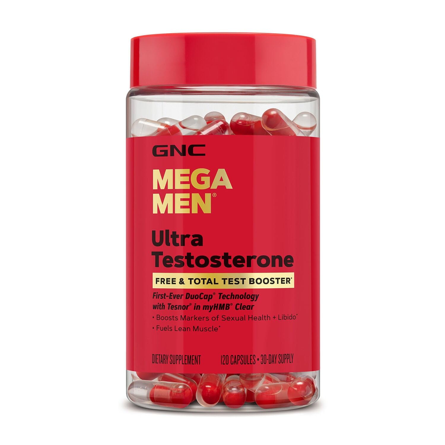 GNC Mega Men Ultra Testosterone vista frontal del envase, identificación clara del producto
