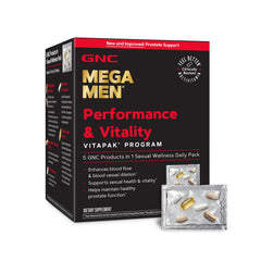 GNC Mega Men Vitapak frontal mostrando caja y sobres, conveniente para viajes