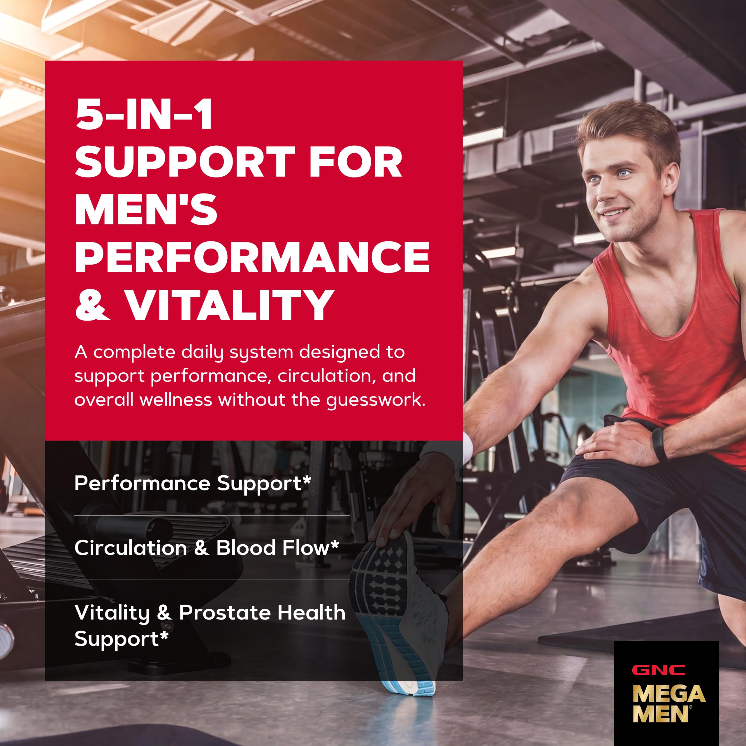 GNC Mega Men Vitapak sobre abierto con cinco suplementos visibles, fácil de llevar