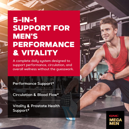 GNC Mega Men Vitapak sobre abierto con cinco suplementos visibles, fácil de llevar