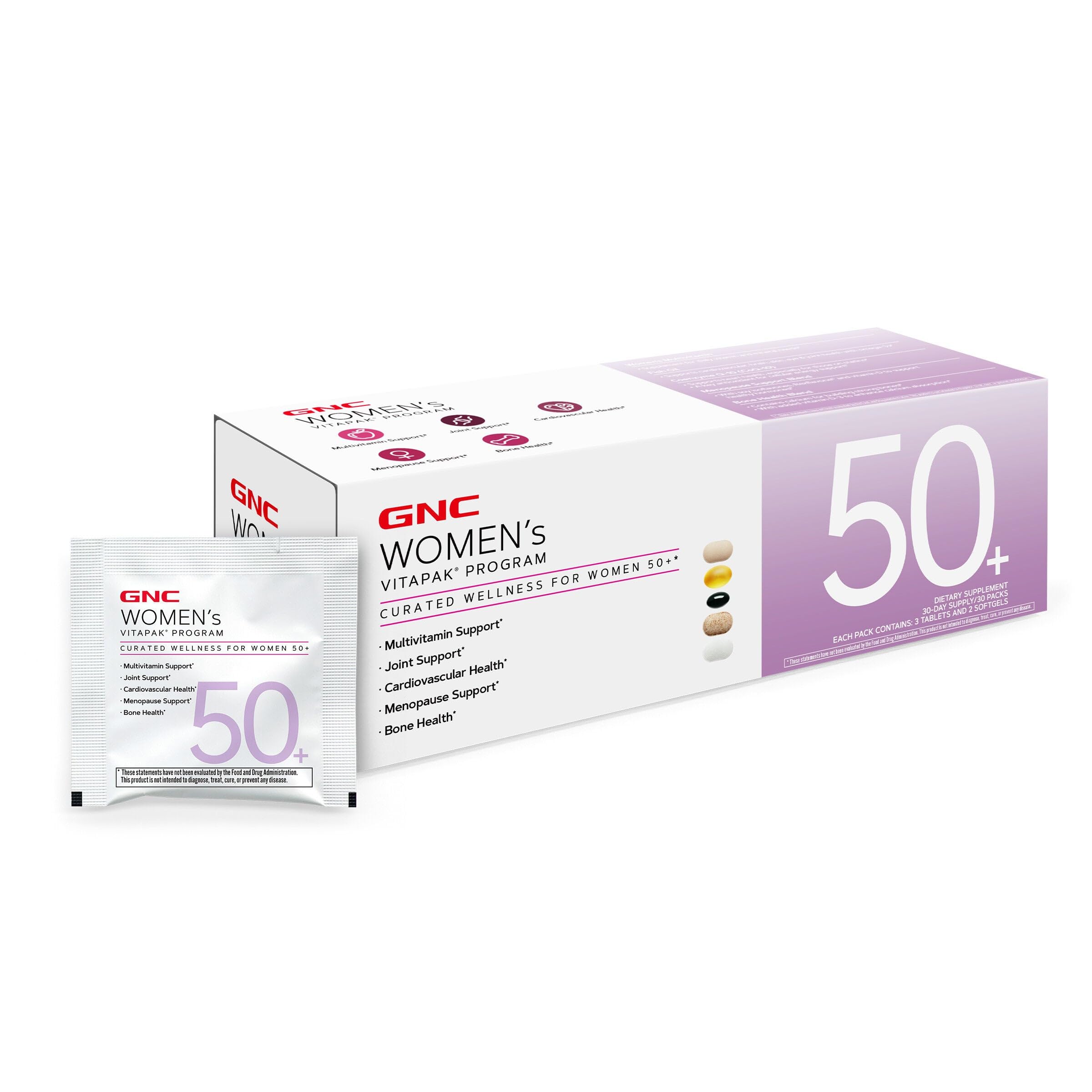 GNC pack frontal mostrando caja del Vitapak y sobres, facilita rutina diaria
