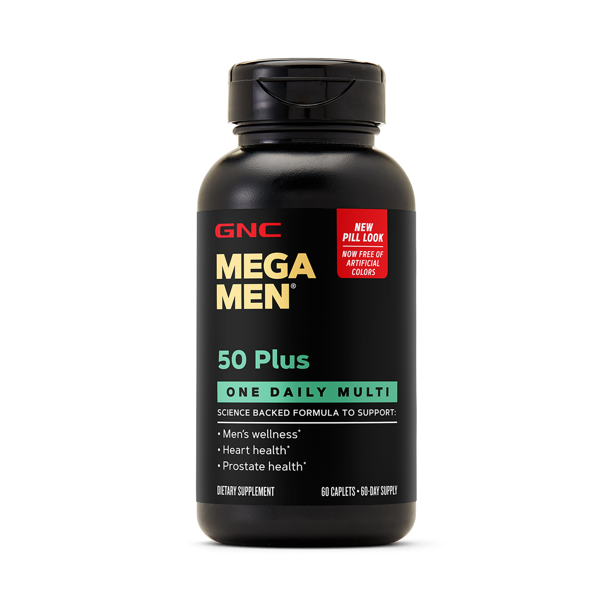 GNC envase frontal Mega Men 50 Plus, fácil identificación y beneficios