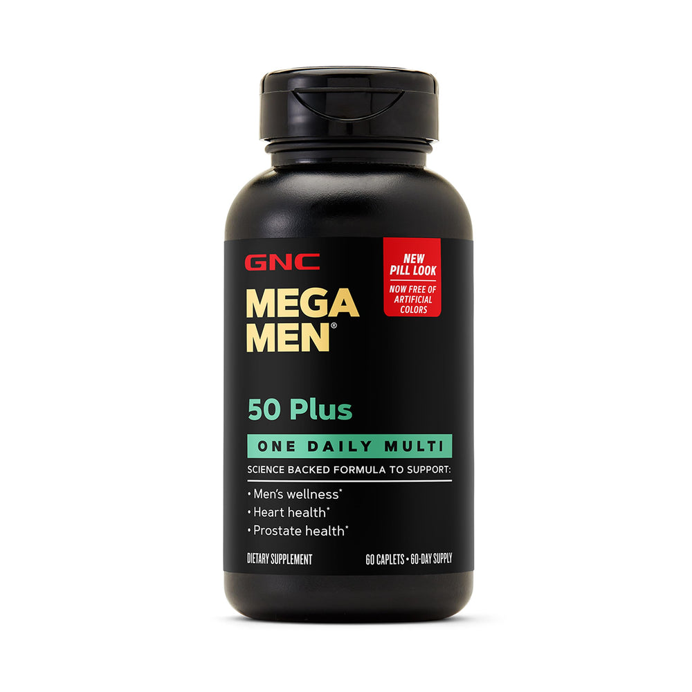 GNC envase frontal Mega Men 50 Plus, fácil identificación y beneficios