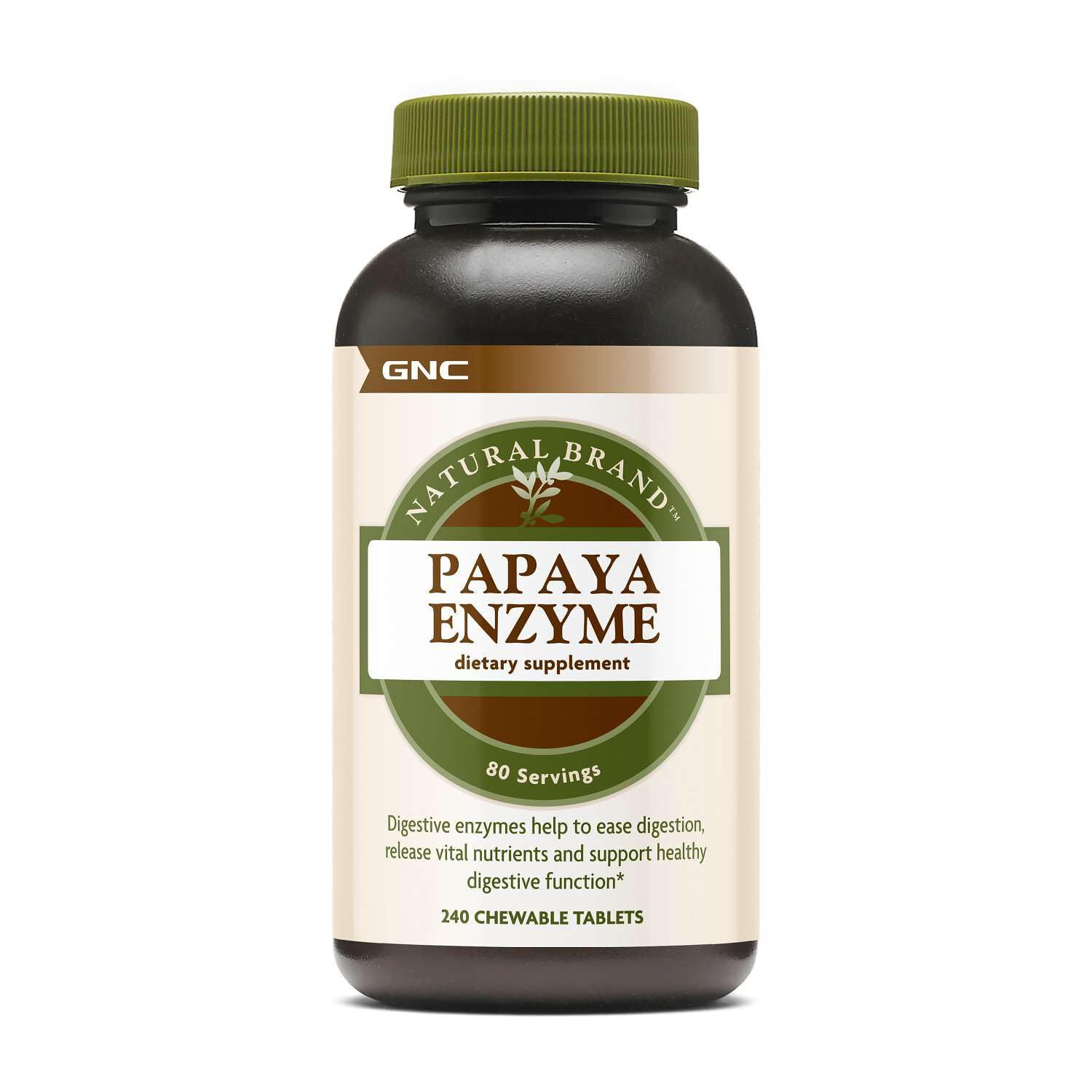 Frasco frontal de GNC Papaya Enzyme mostrando etiqueta y presentación, con beneficio de dosis prolongada
