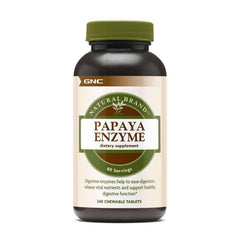 Frasco frontal de GNC Papaya Enzyme mostrando etiqueta y presentación, con beneficio de dosis prolongada