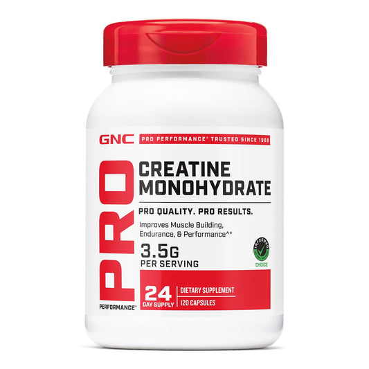 GNC frasco frontal mostrando creatina para rendimiento y conveniencia