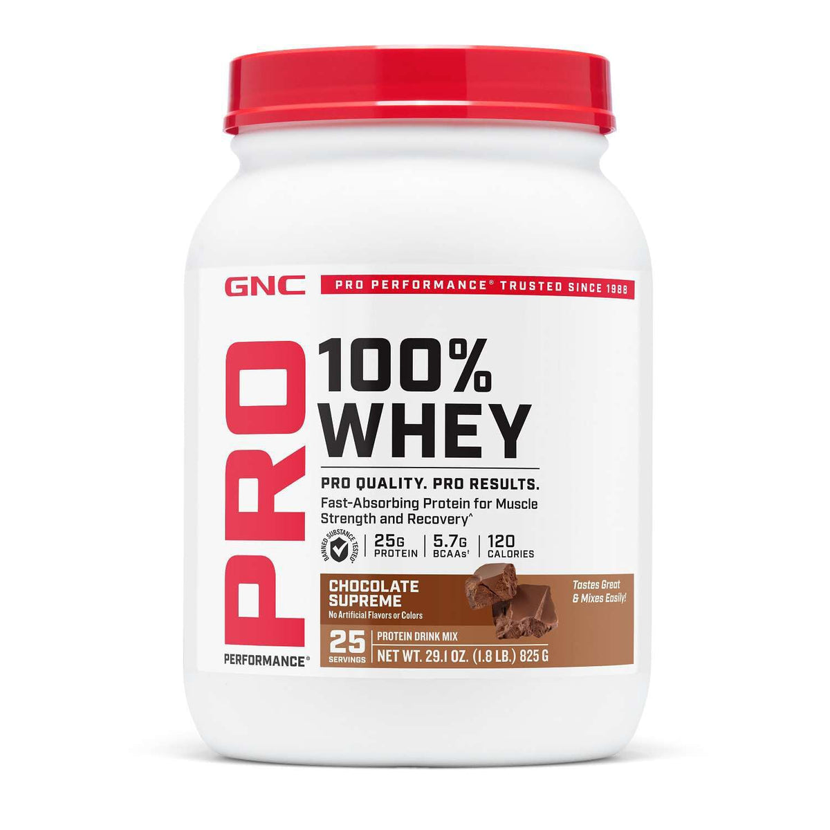 GNC envase frontal de 100% Whey chocolate con información visible y confianza