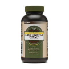 GNC bote frontal de Super Digestive Enzymes mostrando etiqueta y beneficios