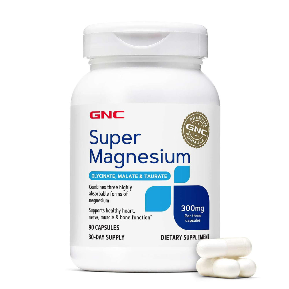 GNC Super Magnesium frente del envase mostrando 90 cápsulas y beneficios de absorción