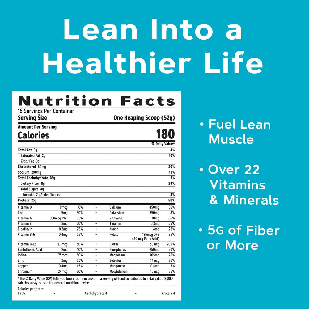 Etiqueta nutricional GNC Total Lean mostrando 25 g proteína y vitaminas, útil para comparar