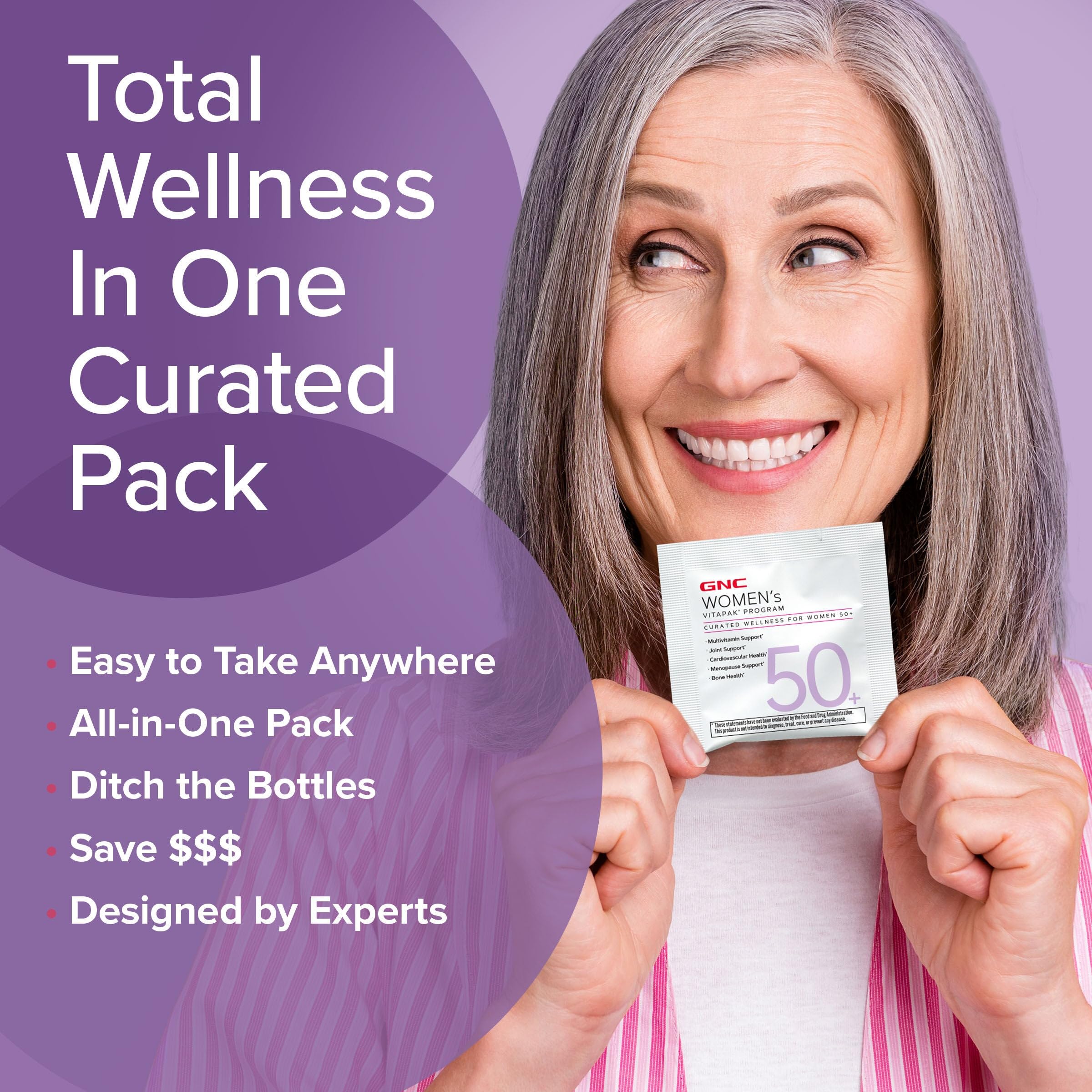 GNC mujer tomando suplemento, conveniencia y compatibilidad con la vida activa