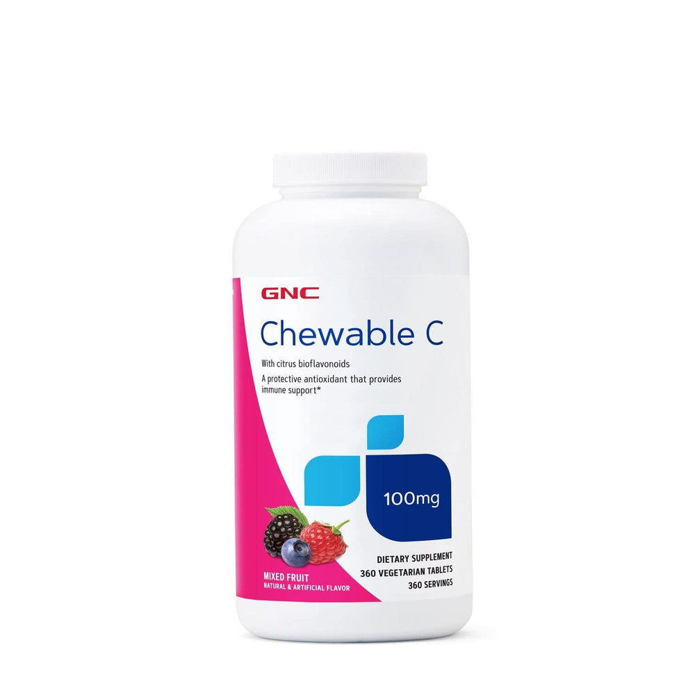 GNC envase frontal de Vitamin C 360 masticables mostrando cantidad y sabor