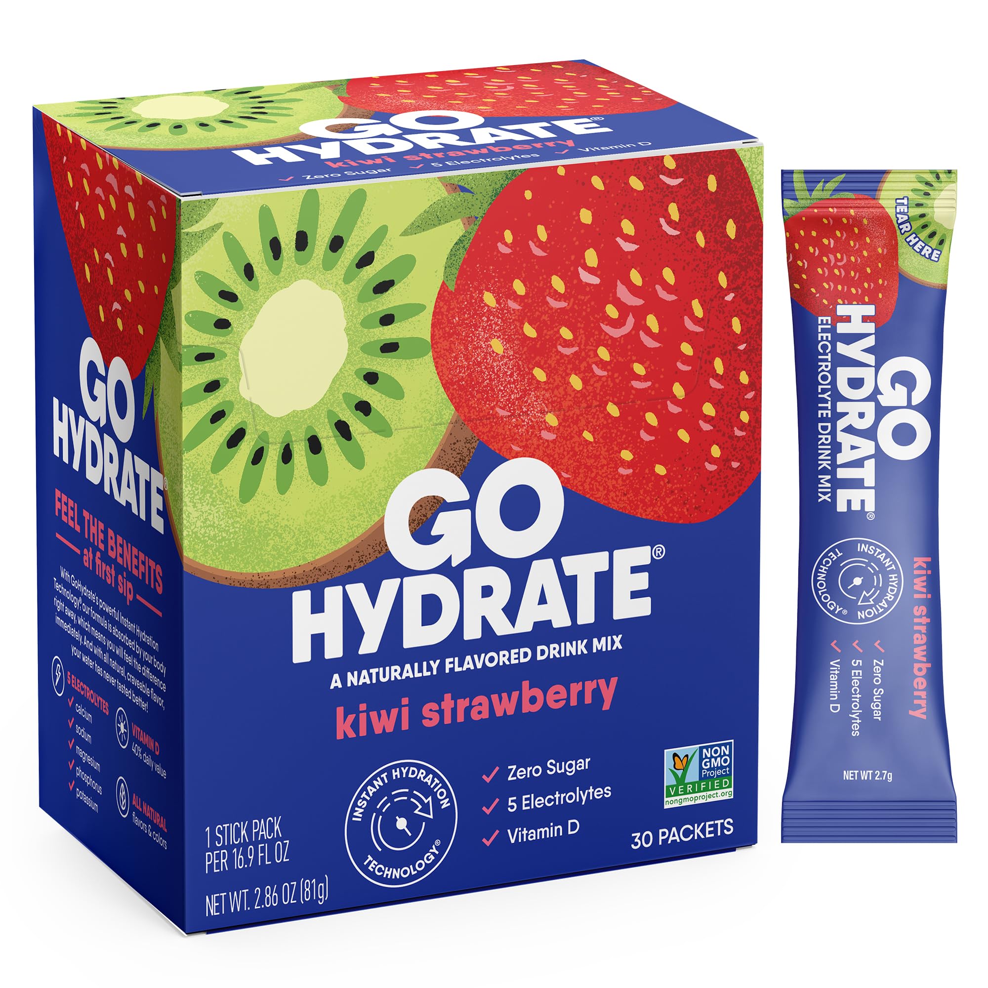 GoHydrate caja frontal sabor Kiwi Strawberry mostrando 30 sobres y conveniencia