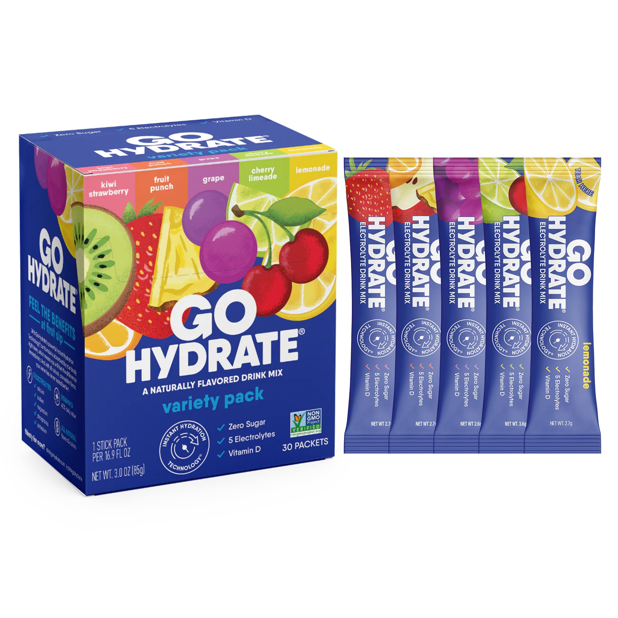 GoHydrate paquete frontal mostrando 30 sobres y beneficio de hidratación rápida