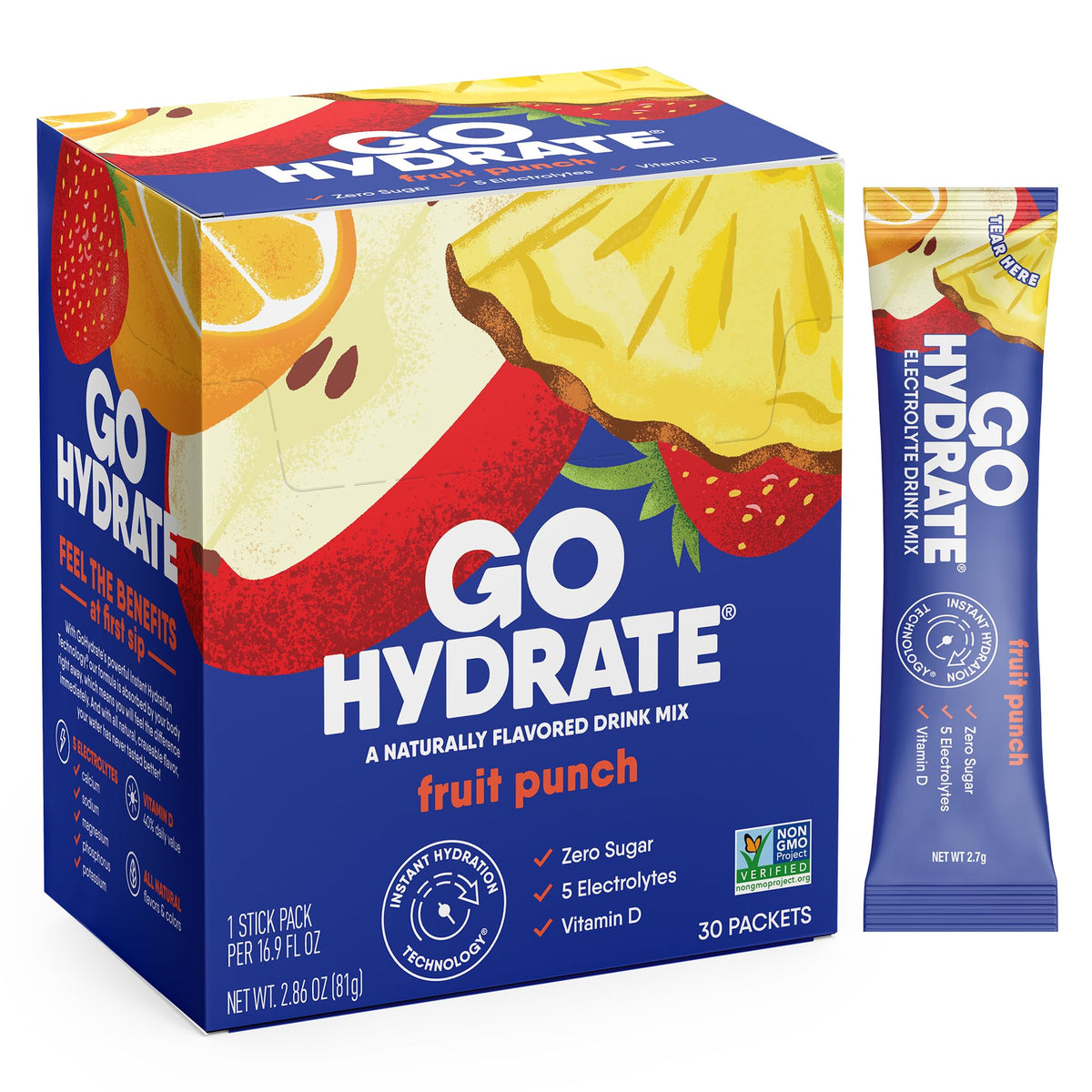 GoHydrate frente del empaque mostrando 30 sobres y beneficio de portabilidad