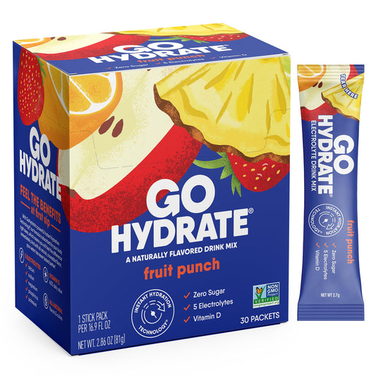 GoHydrate frente del empaque mostrando 30 sobres y beneficio de portabilidad