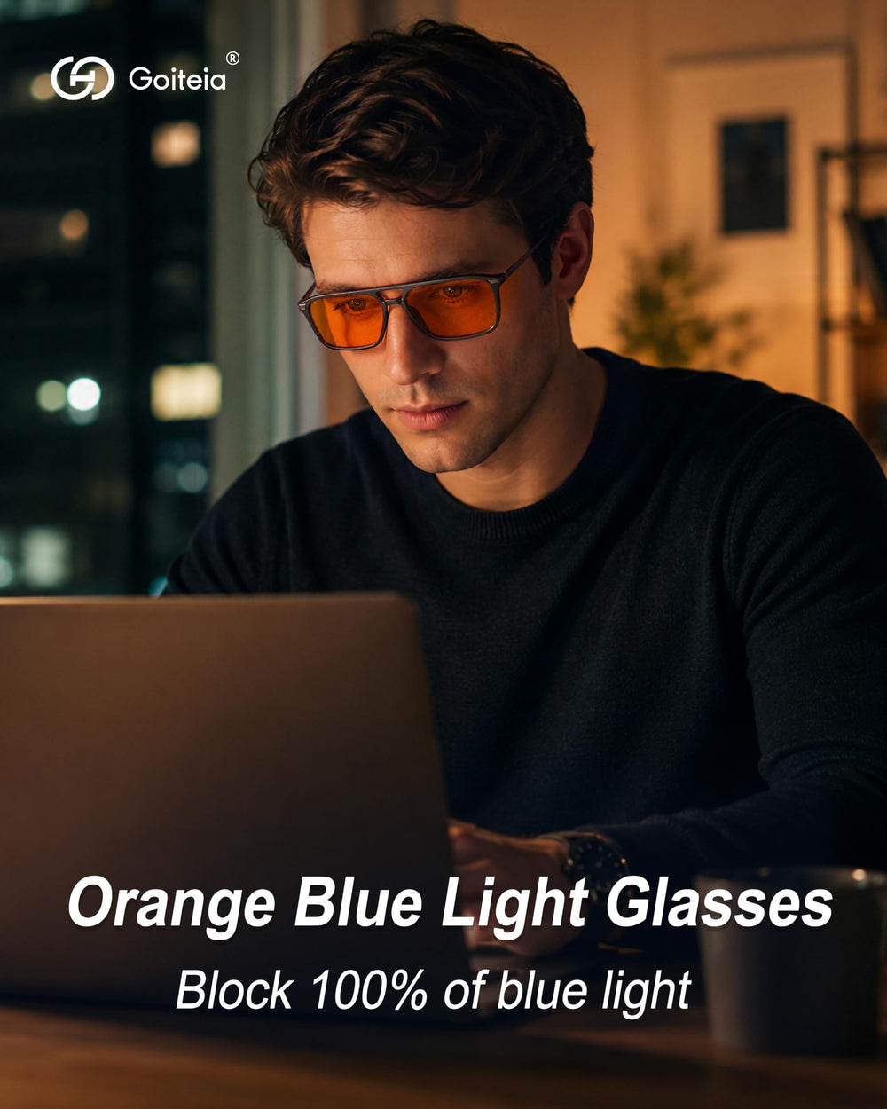 Goiteia detalle de lente naranja que resalta bloqueo total de luz azul