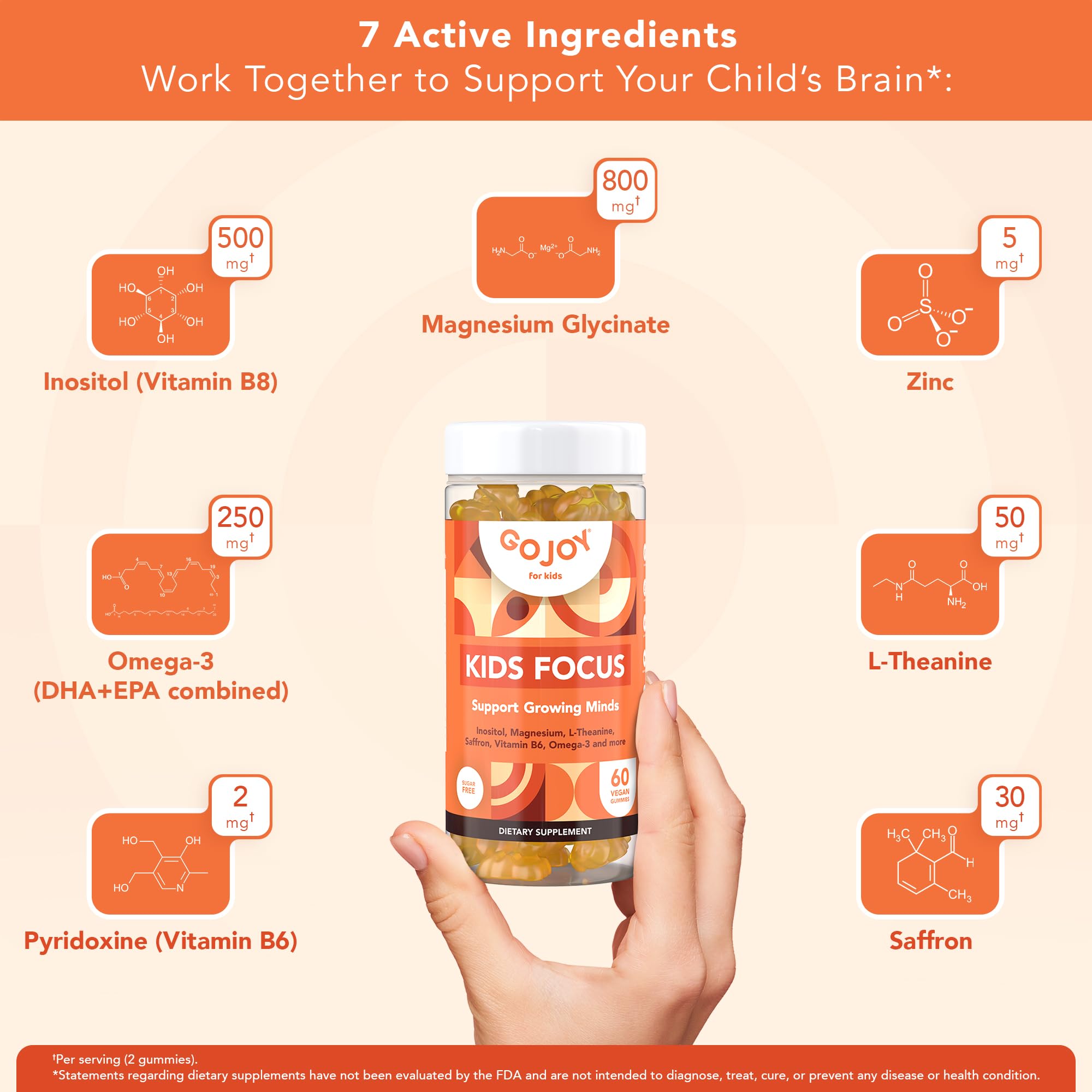 GOJOY NATURALS etiqueta con ingredientes clave y dosis pediátrica