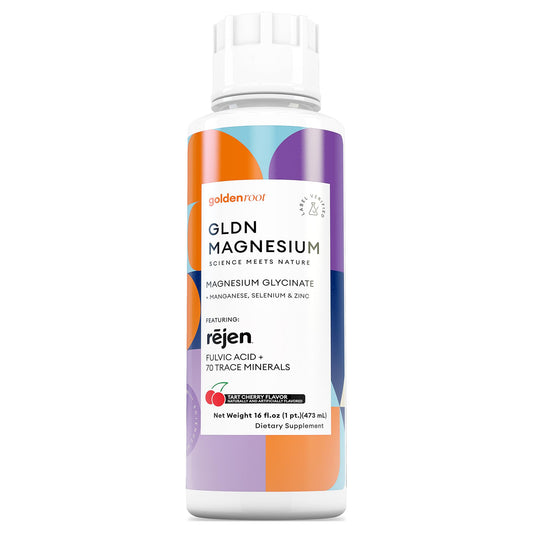 GoldenRoot botella frontal del GLDN Magnesium Liquid Syrup mostrando el envase y beneficio de alta absorción