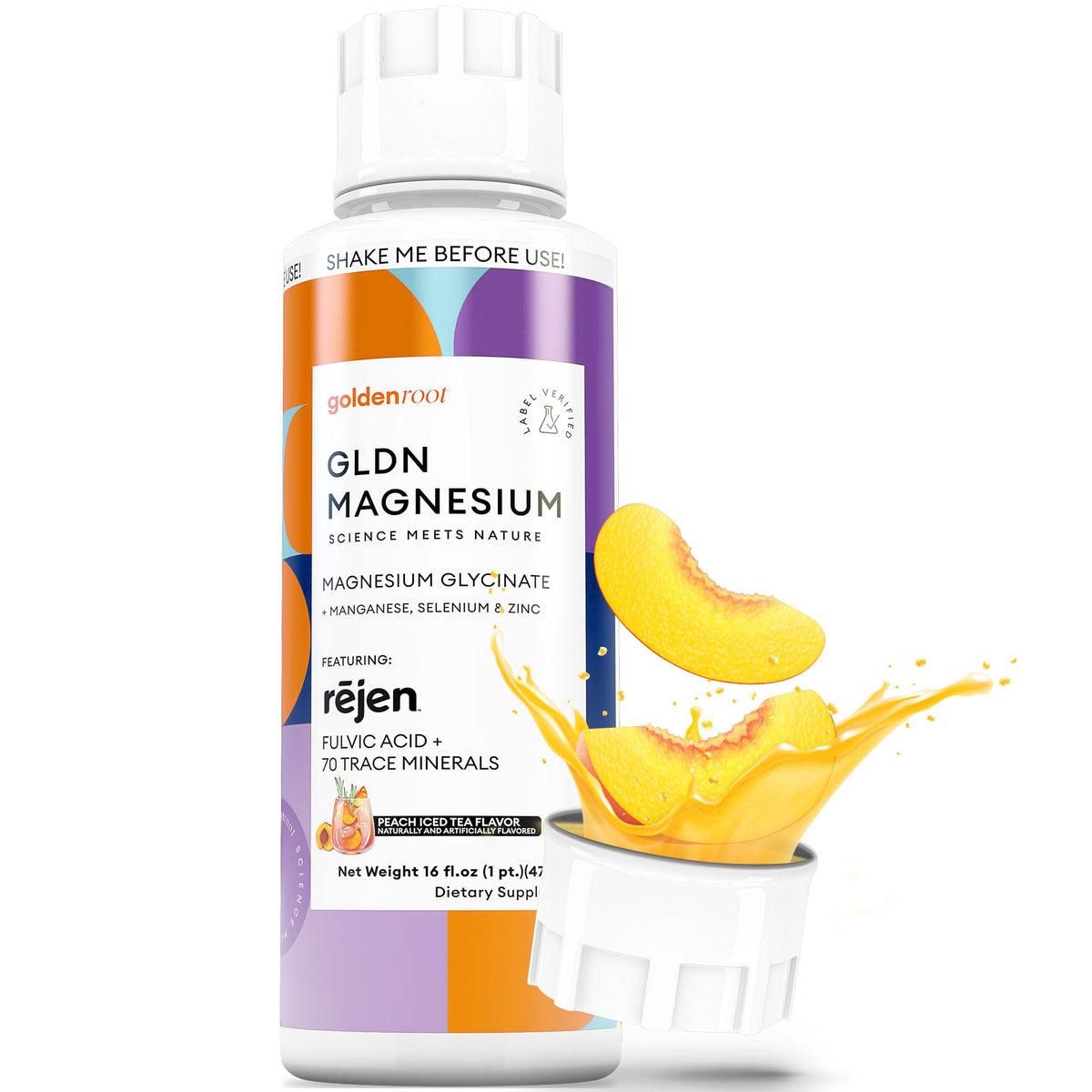 GoldenRoot GLDN jarabe frontal botella mostrando etiqueta y beneficio de absorción