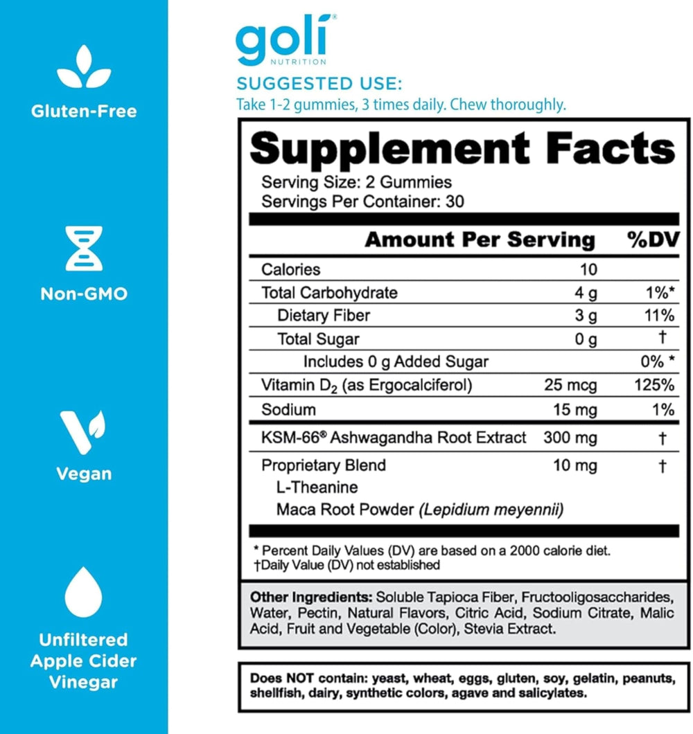 Etiqueta frontal de Goli mostrando KSM-66, vitamina D y ingredientes, claridad informativa