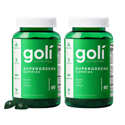 Envase frontal de Goli SuperGreens mostrando diseño y cantidad 60 por bote