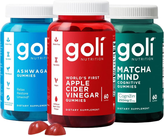 Goli frontal del pack trío mostrando las tres fórmulas y variedad de sabores