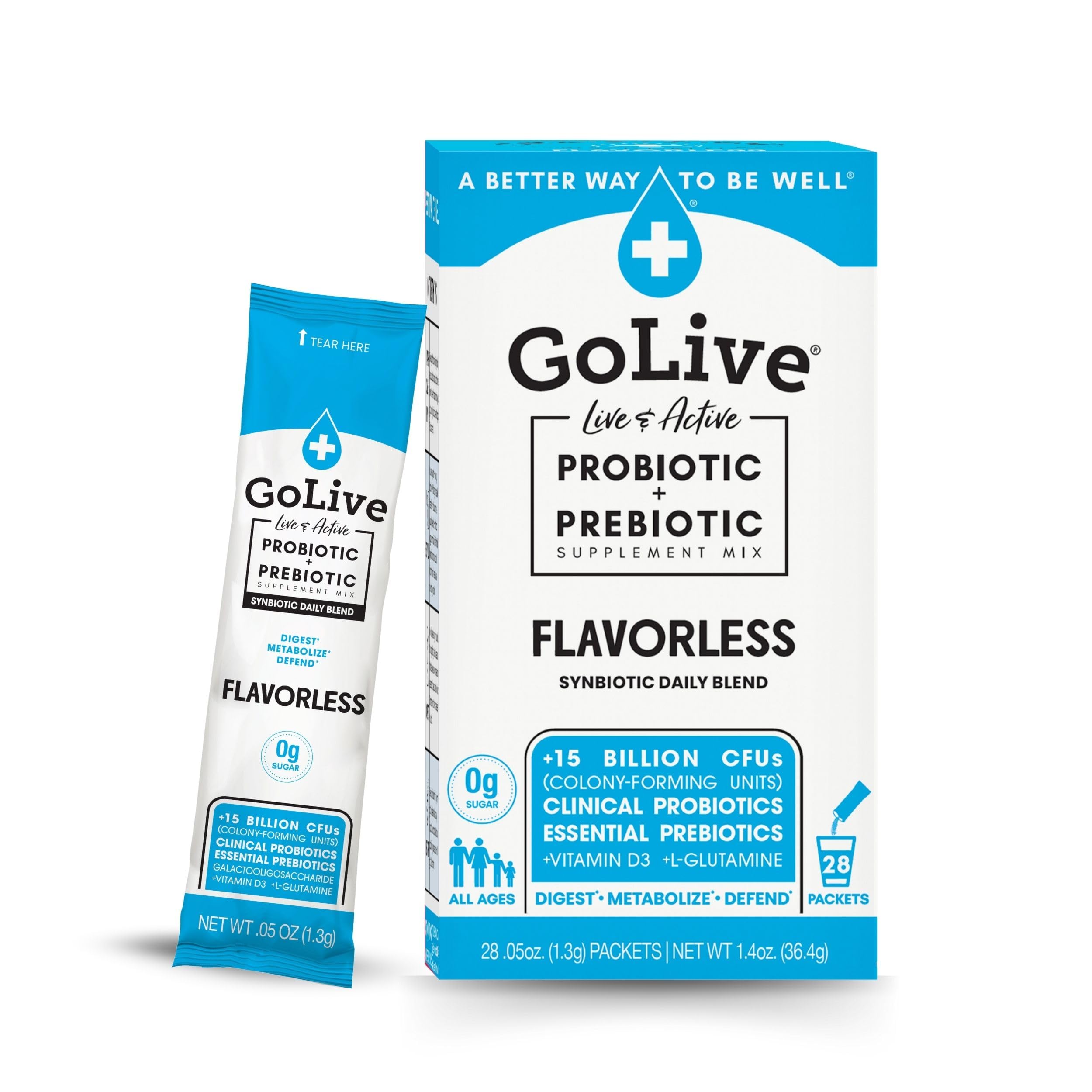 GoLive frente del empaque mostrando sobres individuales y beneficios de conveniencia