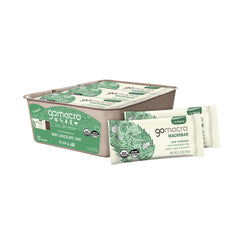 GoMacro frontal del paquete Mint Chocolate Chip mostrando la marca y beneficios
