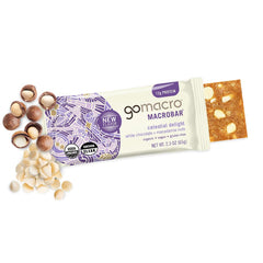 GoMacro barra abierta mostrando interior cremoso, indulgencia vegetal
