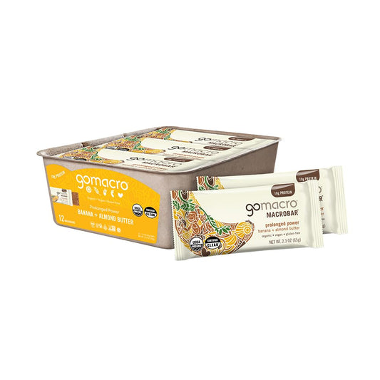 GoMacro barra Banana + Almond Butter frente del empaque, práctico y orgánico