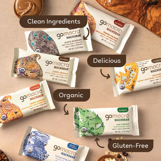 GoMacro detalle de textura con chispas de chocolate resaltando sabor y proteína