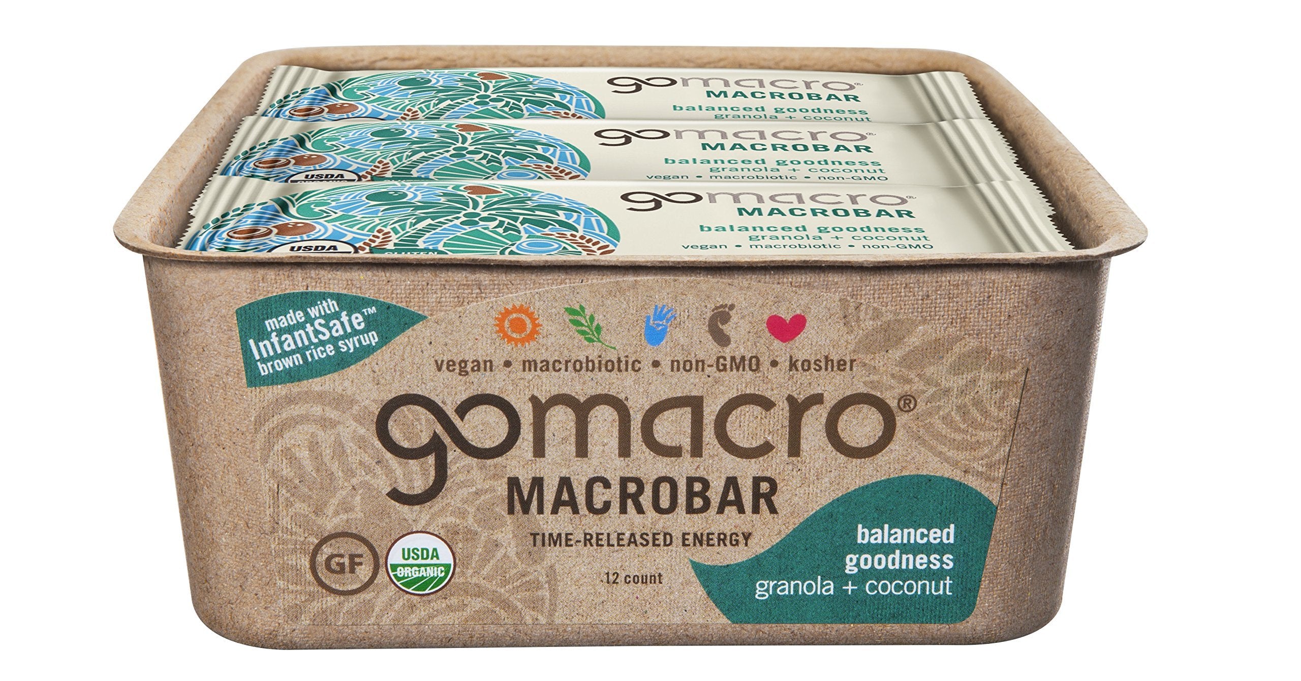 GoMacro etiqueta con certificaciones orgánico, vegano y sin gluten visible